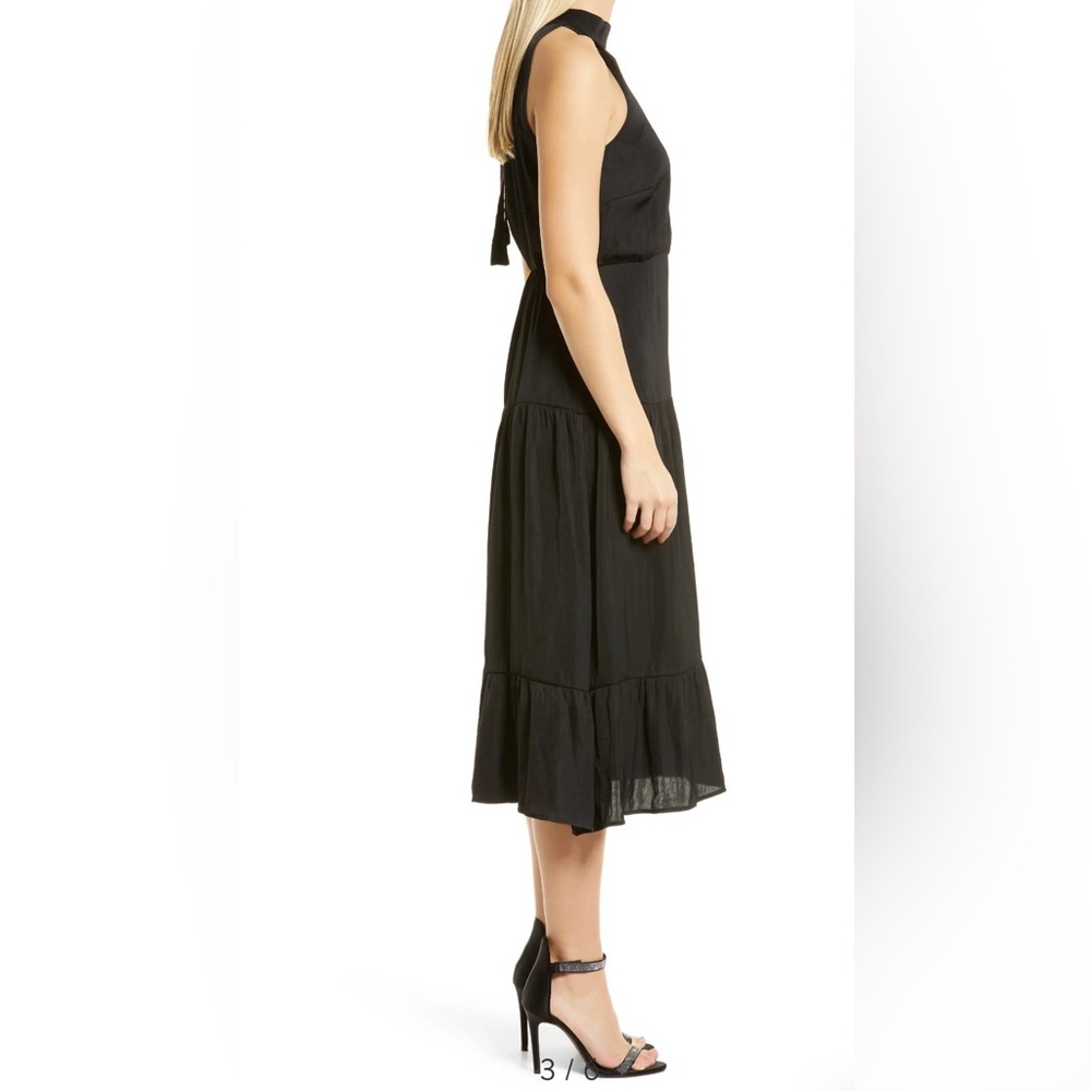 Sam Edelman Women’s High Neck Tiered Hem Sleeveless Midi Satin Dress Black - Picture 4 of 5
